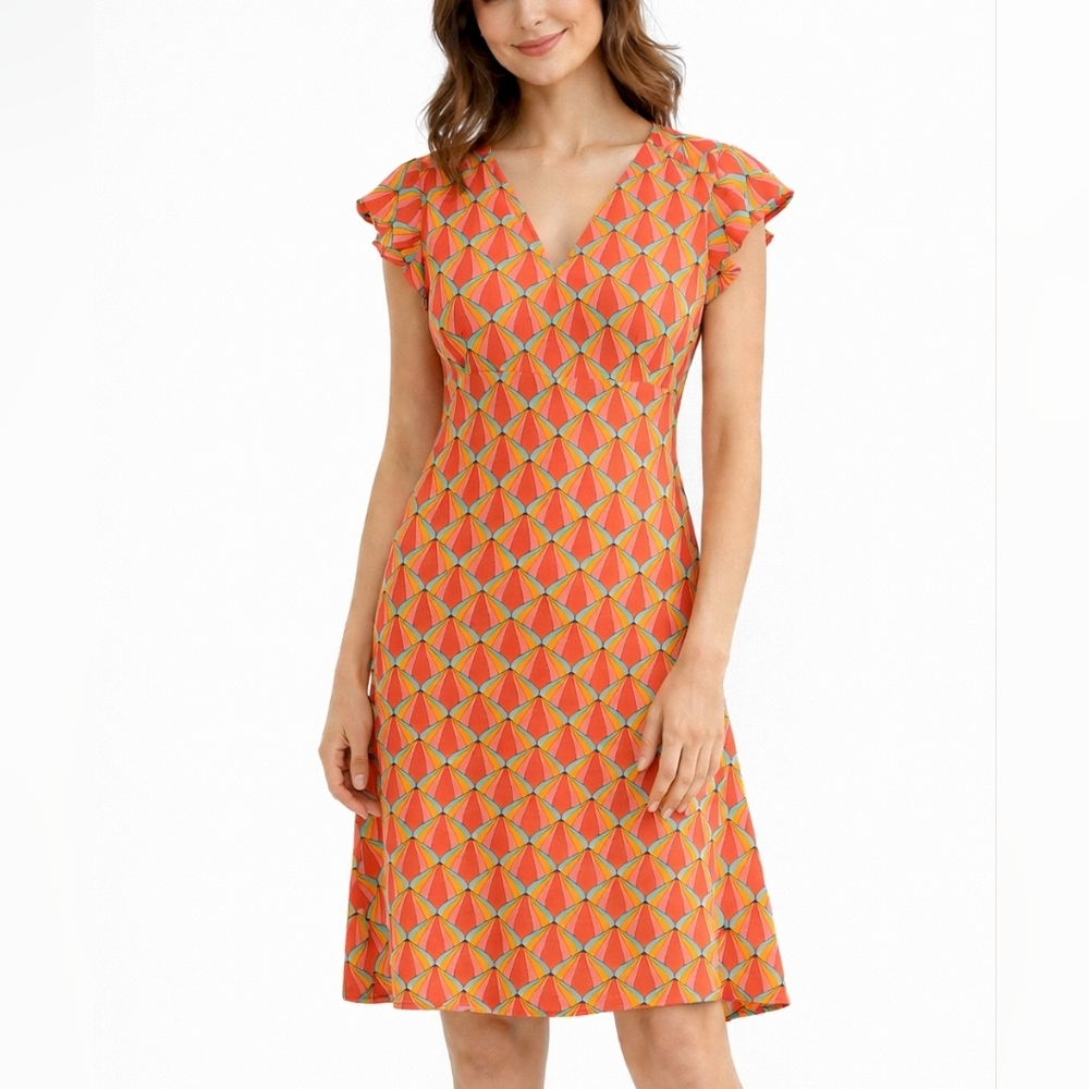 Kalimera Scalloped Geometric Cotton V-Neck Open Back Dress S/M Chic Summer Midi - Picture 2 of 16